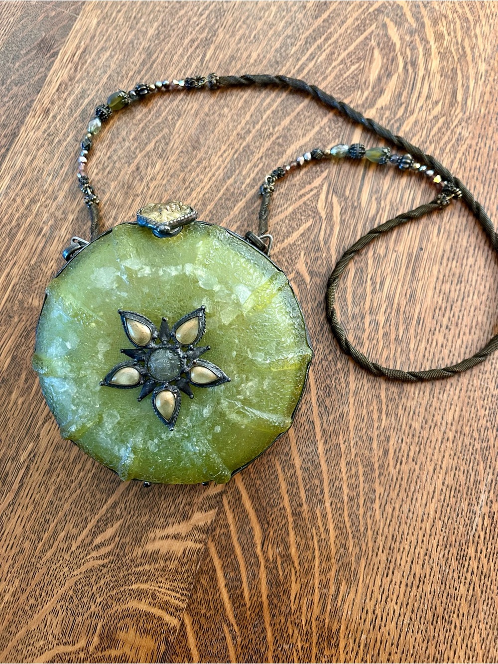 Maya Olive Green Round Crossbody Bag with Decorative Floral Accent Vintage